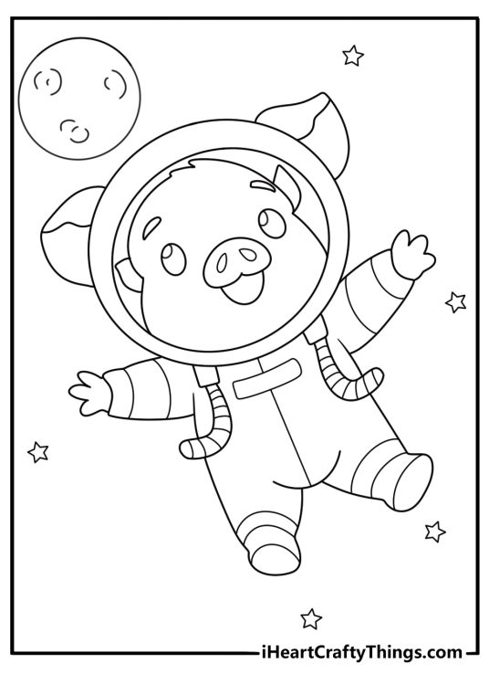 Cartoon pig astronaut floating in space printable coloring page