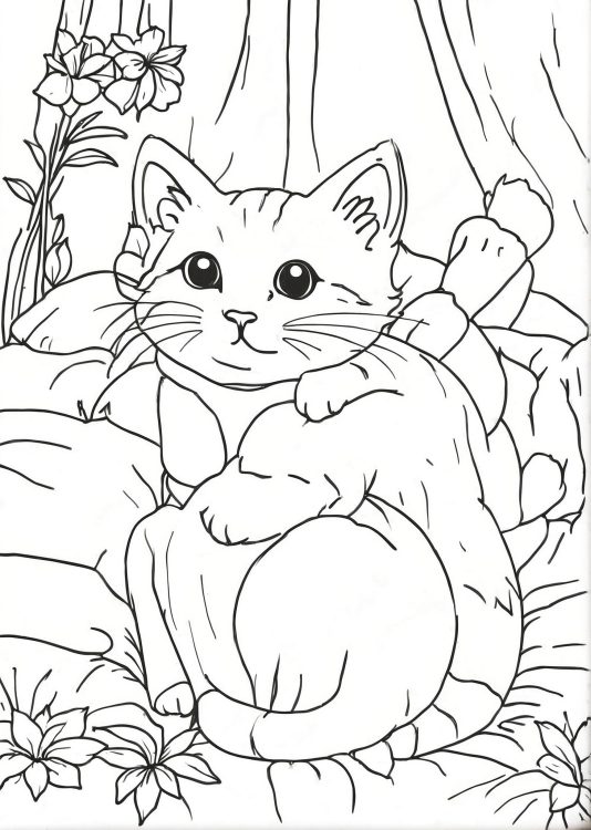 Cat Lying On Bed Coloring Page