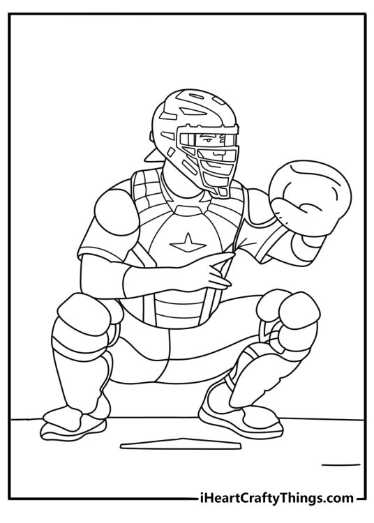 Catcher in gear crouched behind home plate baseball coloring page