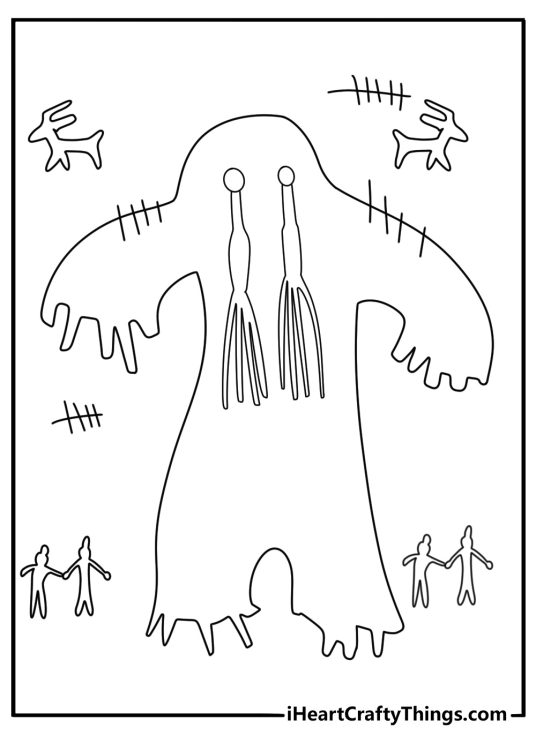 Cave wall Bigfoot art coloring page featuring ancient style petroglyph shapes