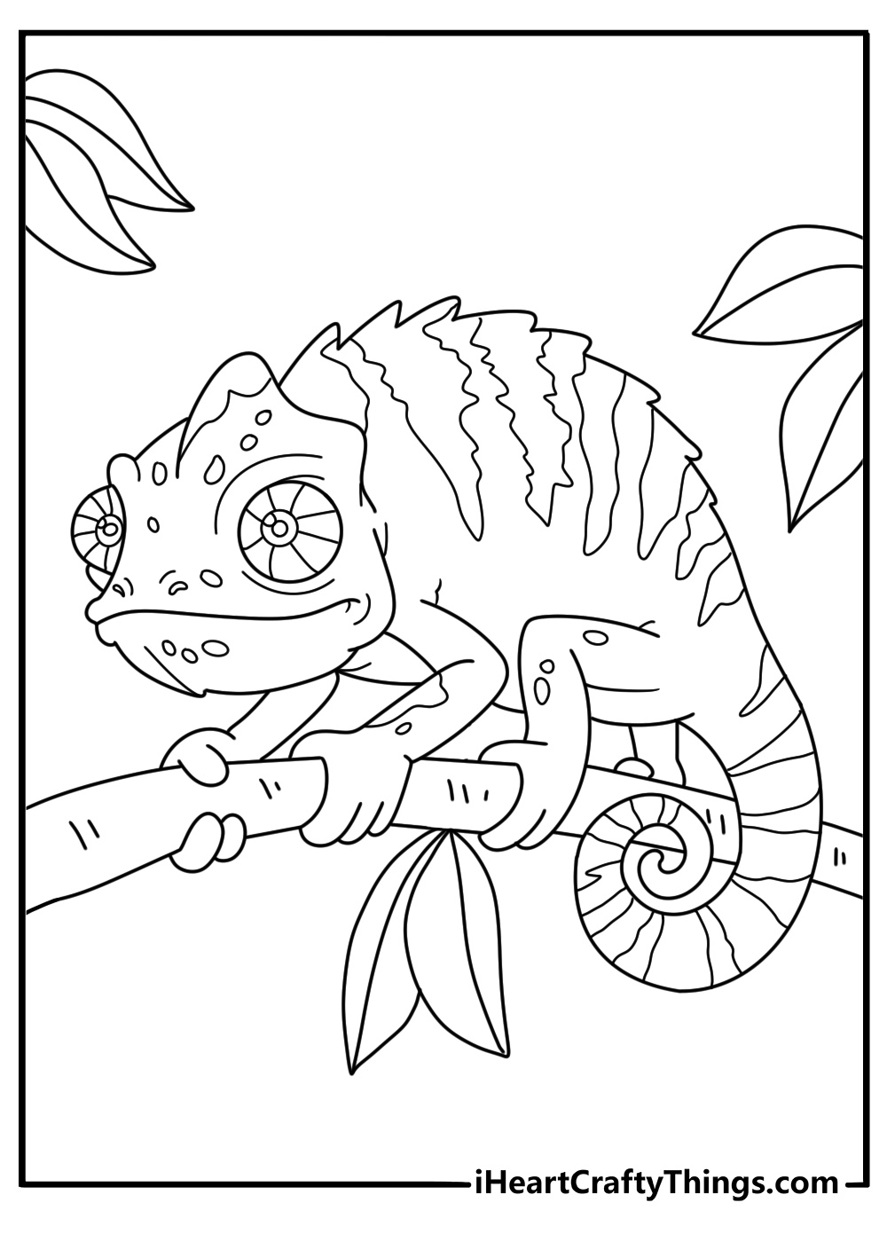 Chameleon on thin branch changing pattern printable coloring page