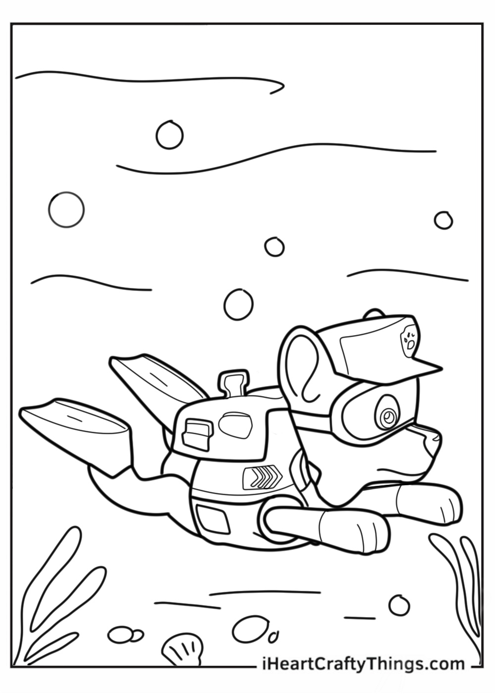 Detailed coloring image for children depicting Chase from Paw Patrol on a mission under water