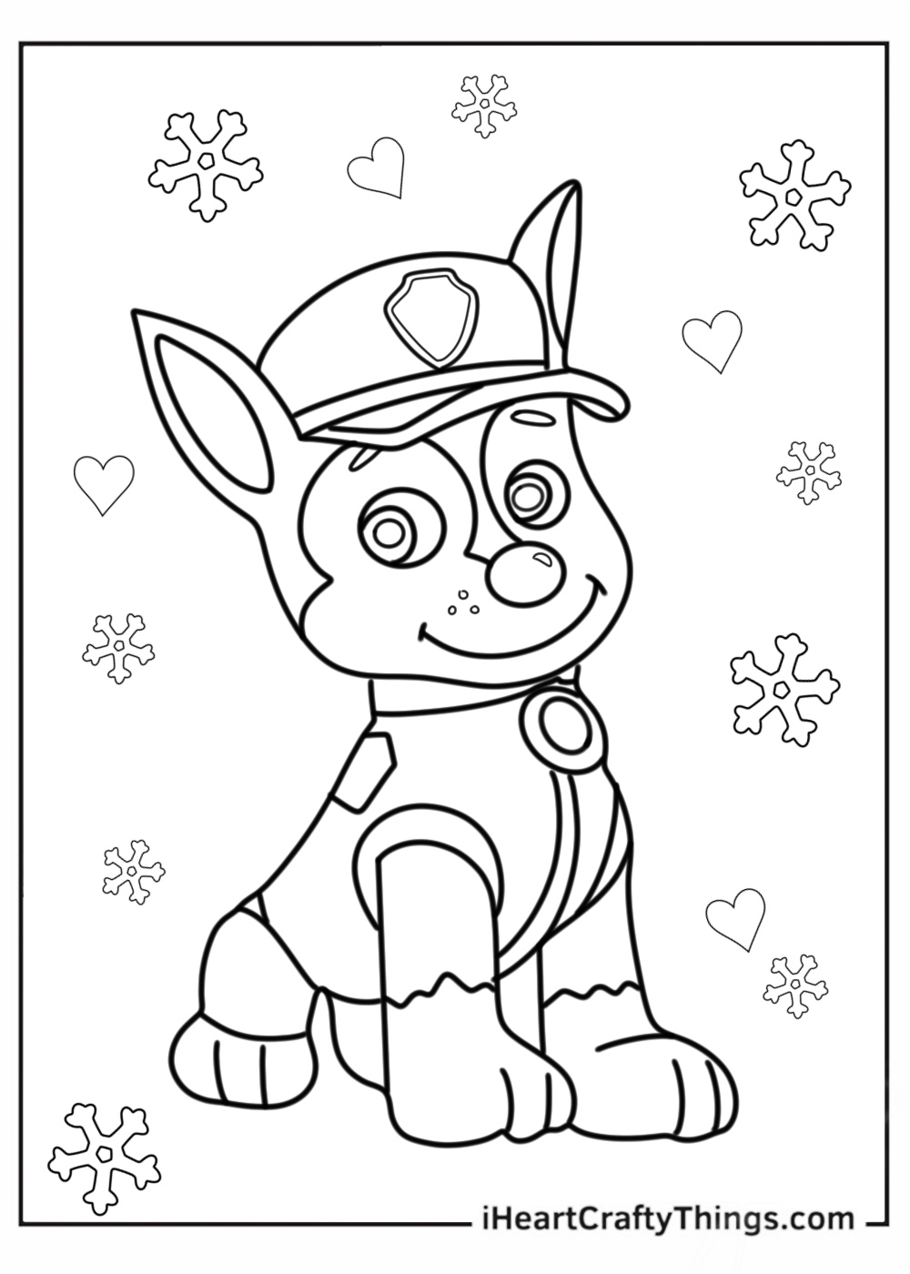 Paw Patrol-themed picture to color presenting police dog Chase with snowflakes and hearts in the backgorund