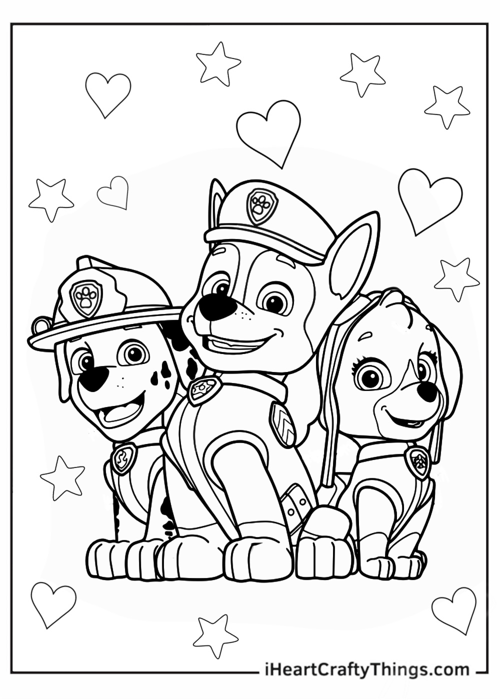 Paw Patrol-themed coloring poster presenting happy Marshall Chase and Skye with stars and hearts all around