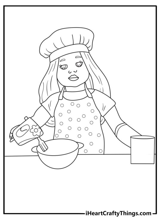 Chef doll in kitchen with mixing bowl Dolls coloring page