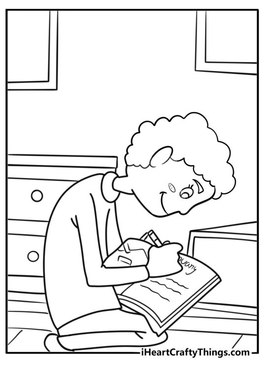 Child writing January goals in journal by frosty window coloring page