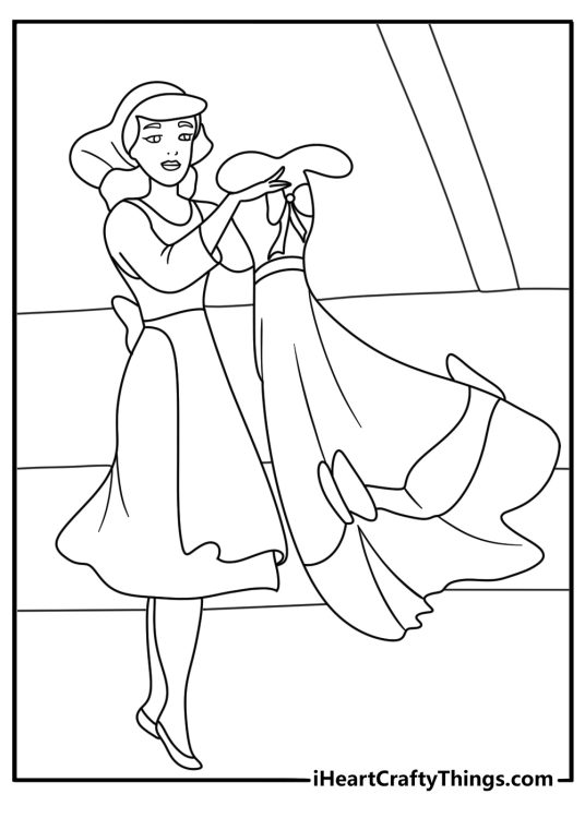 Cinderella coloring page for kids with Cinderella picking a dress from a wardrobe