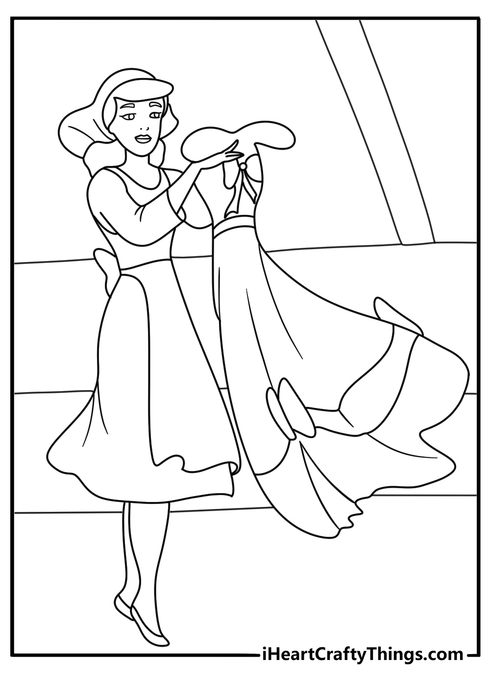 Cinderella coloring page for kids with Cinderella picking a dress from a wardrobe