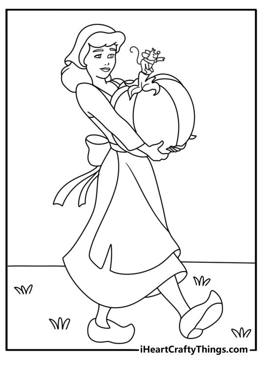 Cinderella coloring page with Cinderella holding a pumpkin beside mice friends
