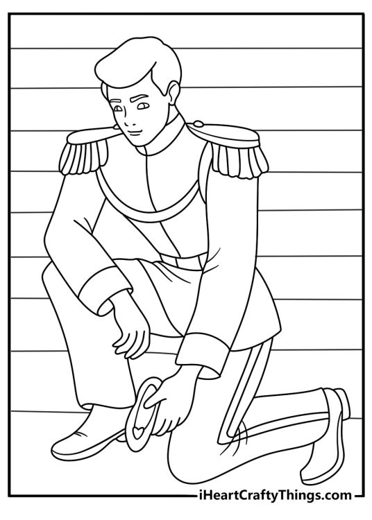 Cinderella coloring pages scene with the prince finding the glass slipper