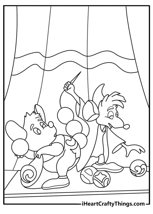 Cinderella coloring printable with mice sewing beads onto a dress