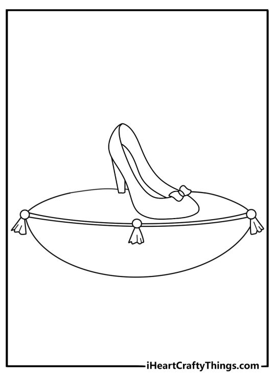 Cinderella coloring sheet with a glass slipper resting on a velvet pillow