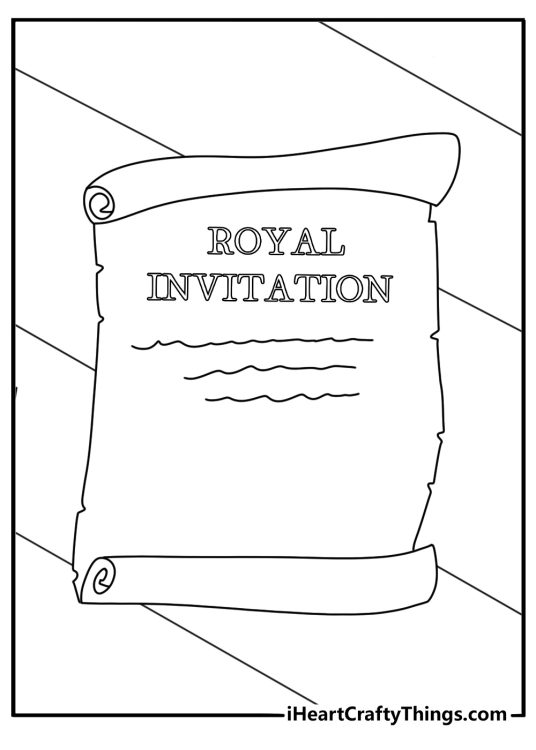 Cinderella coloring sheet with the royal invitation on a table