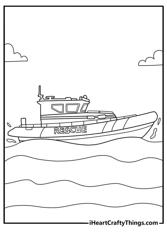 Coast guard boat coloring page with rescue buoy and light bar on top