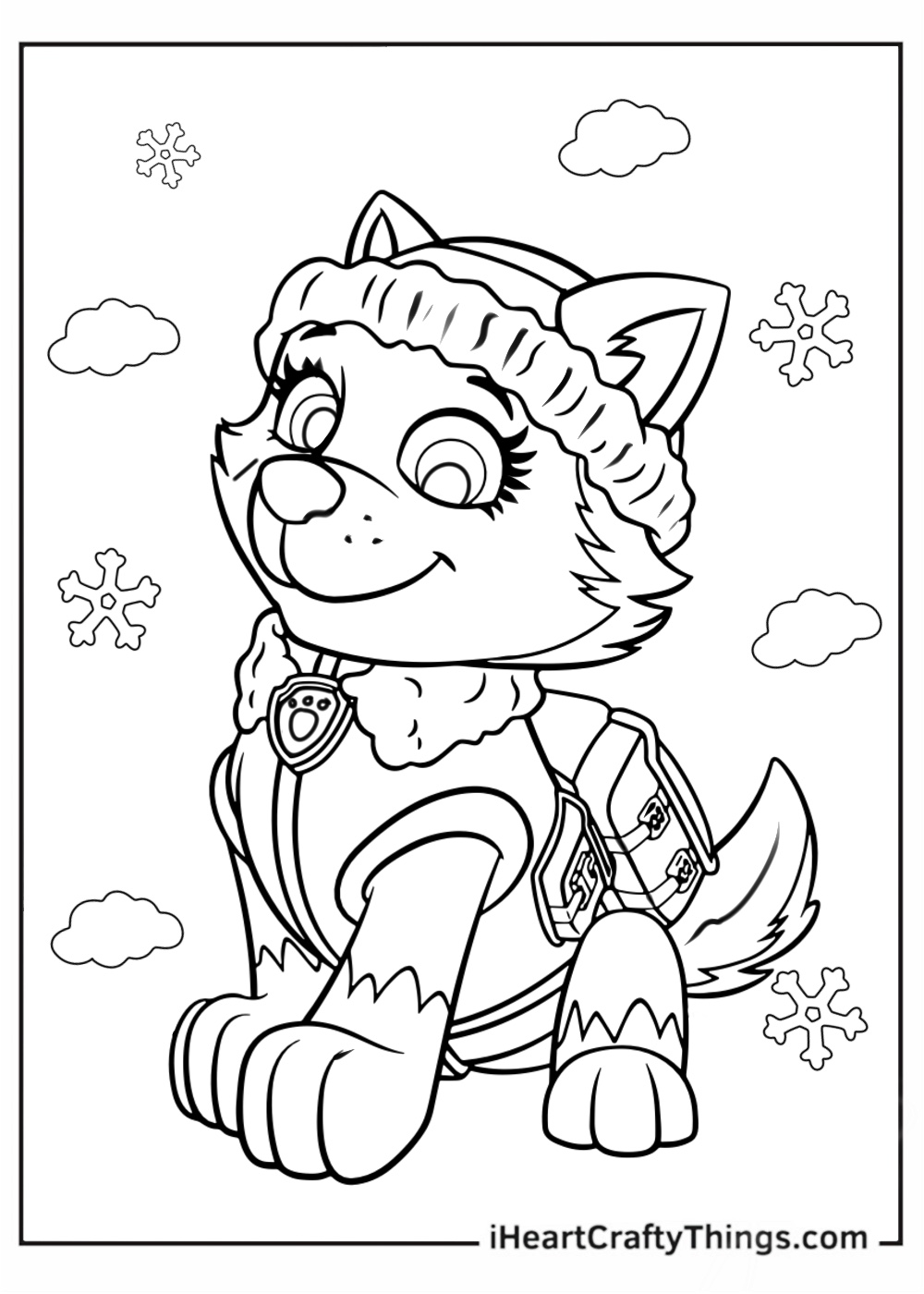 Coloring picture for kids featuring cheerful Everest from Paw Patrol surrounded with clouds and snowflakes