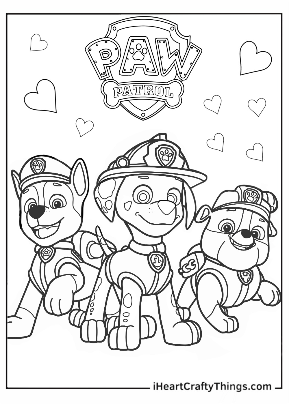 Coloring card featuring Chase Marshall and Rubble with Paw Patrol logo and hearts above them