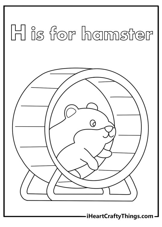 Coloring page for letter H with a happy hamster inside a wheel