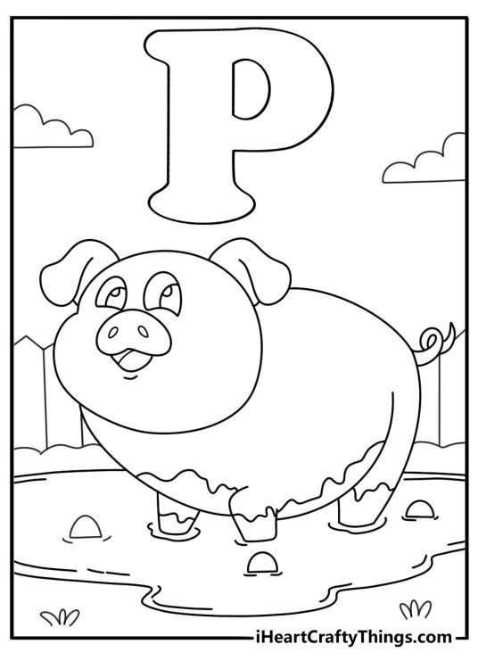 Coloring page for letter P with a pig in a muddy pen