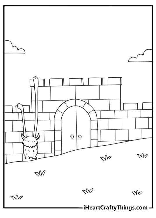 Coloring page of monsters with a long armed creature climbing a castle wall
