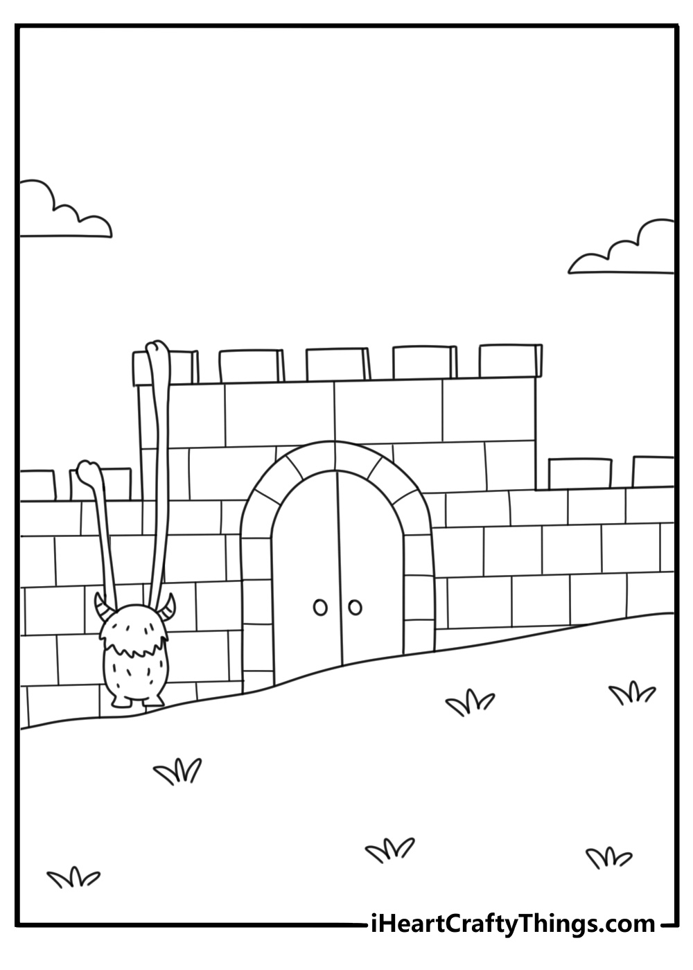 Coloring page of monsters with a long armed creature climbing a castle wall