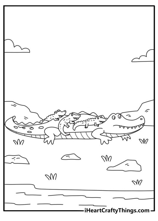 Coloring pages of alligators with a mother alligator carrying hatchlings on her back