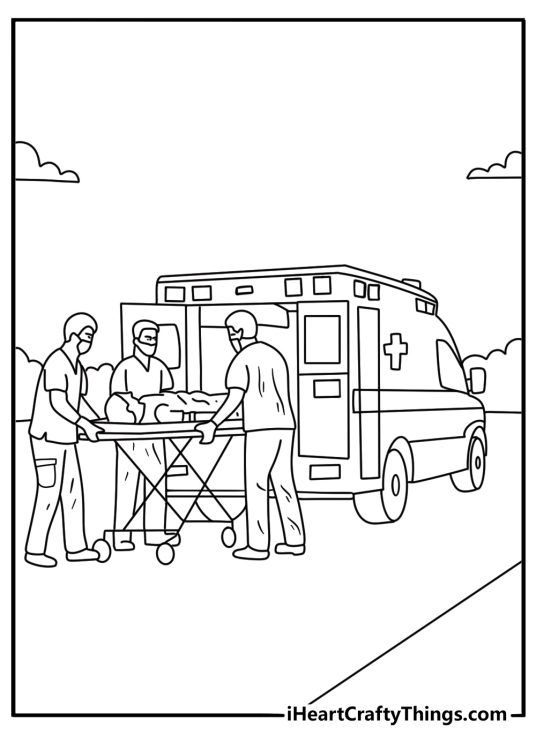 Coloring pages of ambulance with a patient being rolled toward the back doors