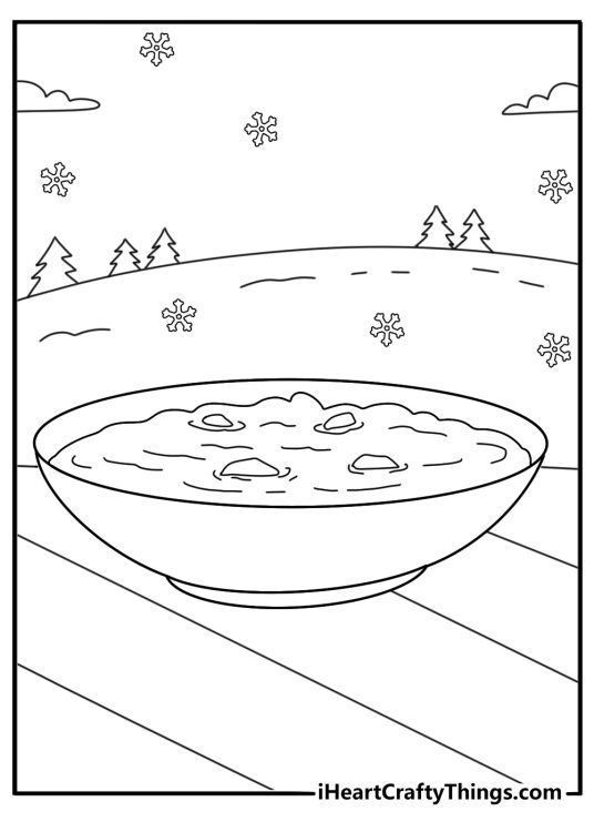 Comforting soup bowl on table after January snow day coloring page