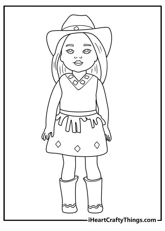 Cowgirl doll with hat and boots western themed coloring printable