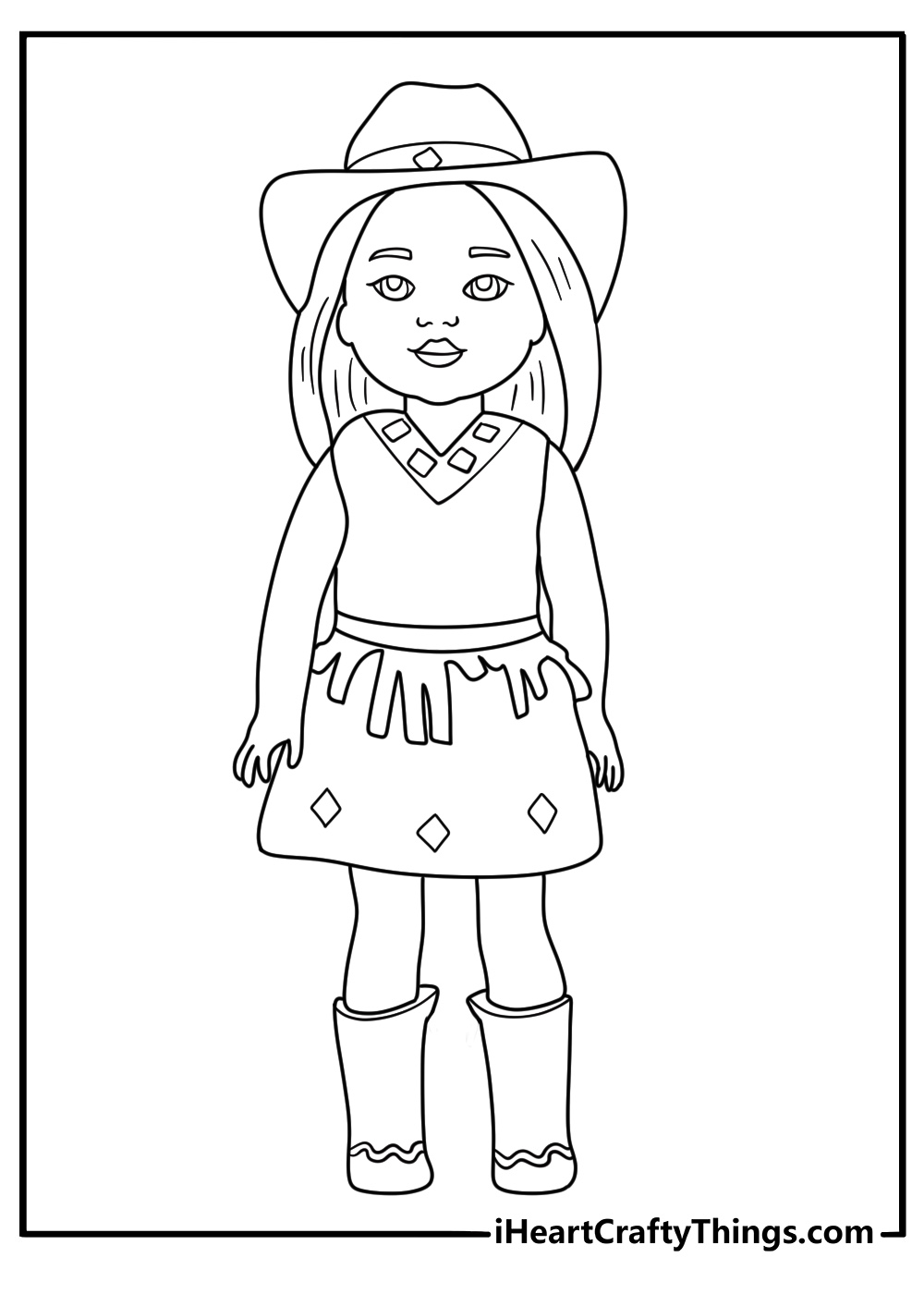 Cowgirl doll with hat and boots western themed coloring printable
