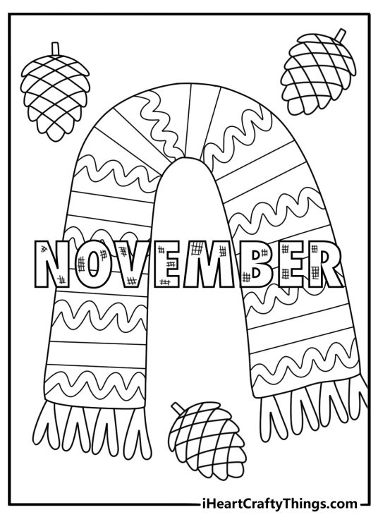 Cozy knit November letters with steaming cocoa pinecones and wool scarf cute coloring printable download