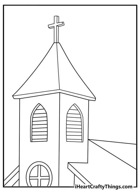 Cross coloring page for kids with a cross on a church steeple