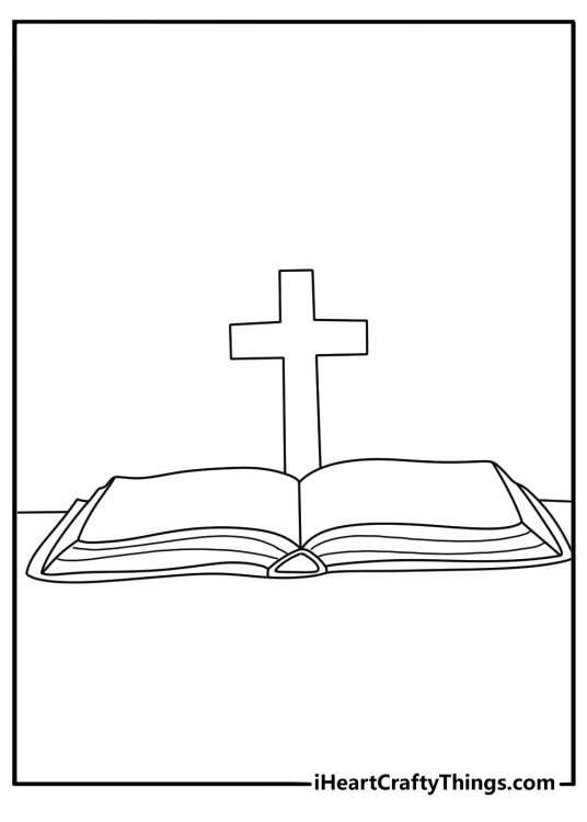 Cross coloring page with a plain cross beside an open Bible