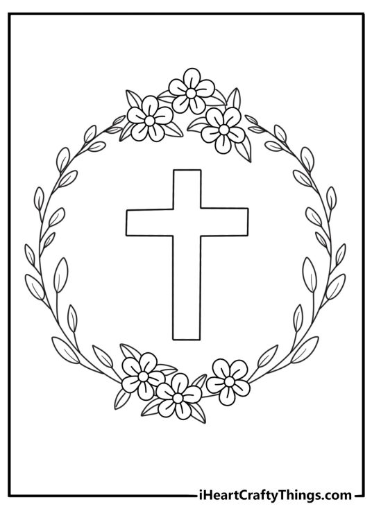Cross coloring pages for adults with a cross inside a floral wreath