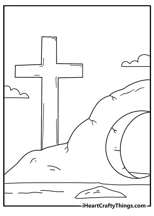 Cross coloring pages scene with a cross standing near an empty tomb