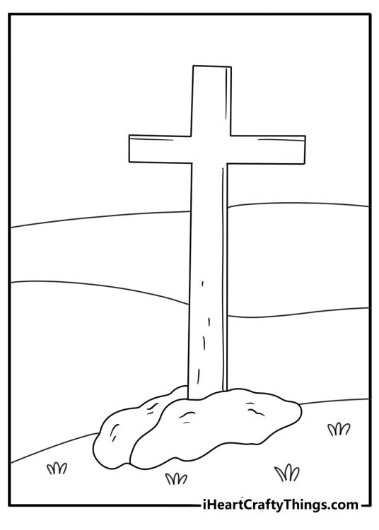 Cross coloring printable with a wooden cross beside a path