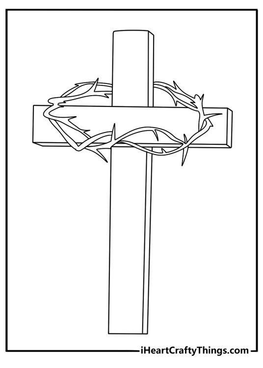 Cross coloring sheet with a cross wrapped in a crown of thorns