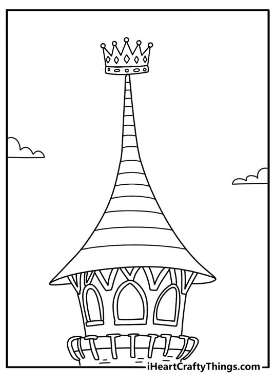 Crown coloring page for kids with a crown on top of a castle tower