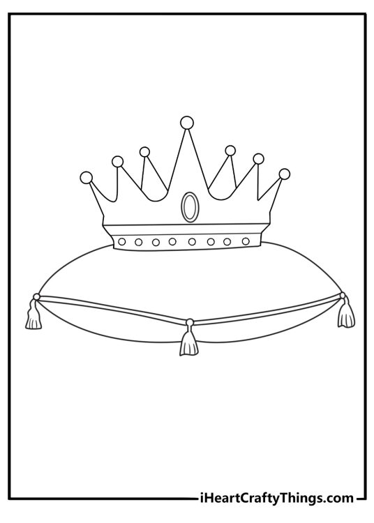 Crown coloring page with a coronation crown beside a ringed pillow