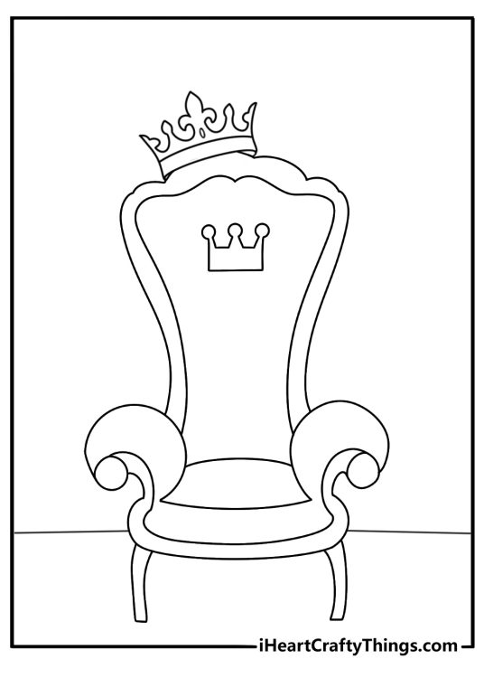 Crown coloring page with a royal crown hanging above a throne
