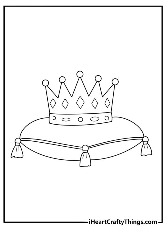 Crown coloring page with a royal crown resting on a velvet cushion