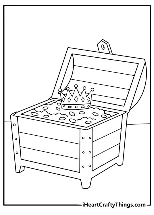 Crown coloring pages scene with a crown inside a treasure chest