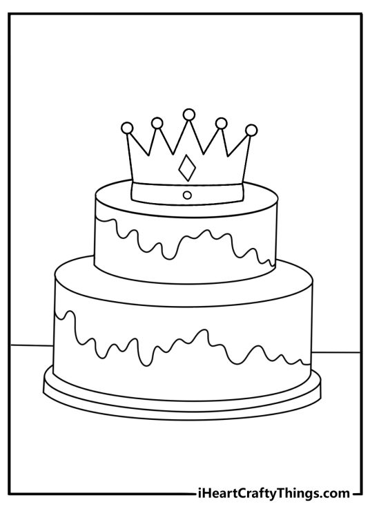 Crown coloring sheet for kids with a crown above a birthday cake