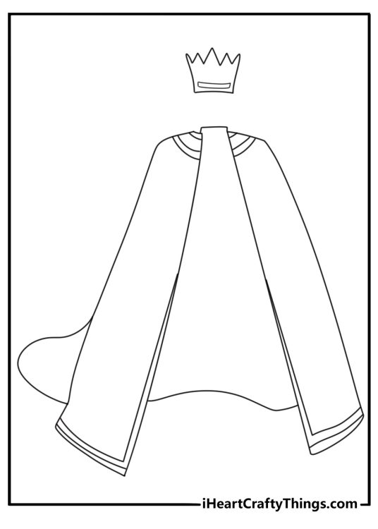 Crown coloring sheet with a kings crown above a striped robe