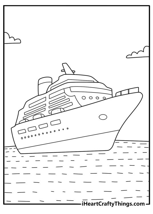 Cruise ship coloring page with many decks and lifeboats along sides