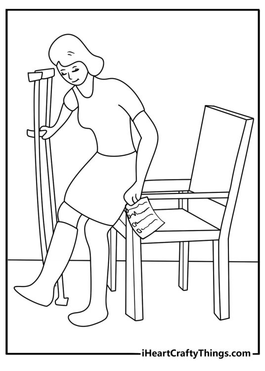 Crutches leaning on chair with recovery checklist detailed coloring page