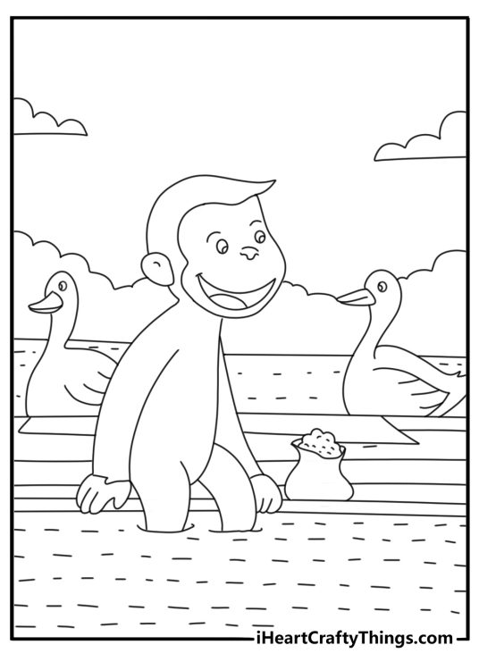 Curious George coloring page for kids with George feeding ducks by a pond