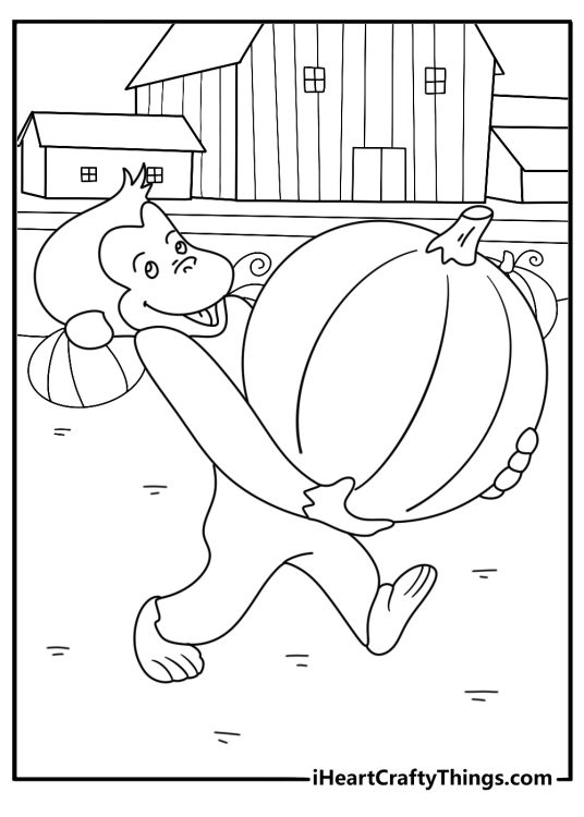 Curious George coloring page with George carrying a pumpkin at a farm