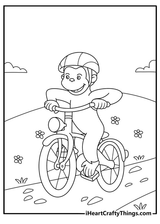 Curious George coloring page with George riding a bicycle down a park path