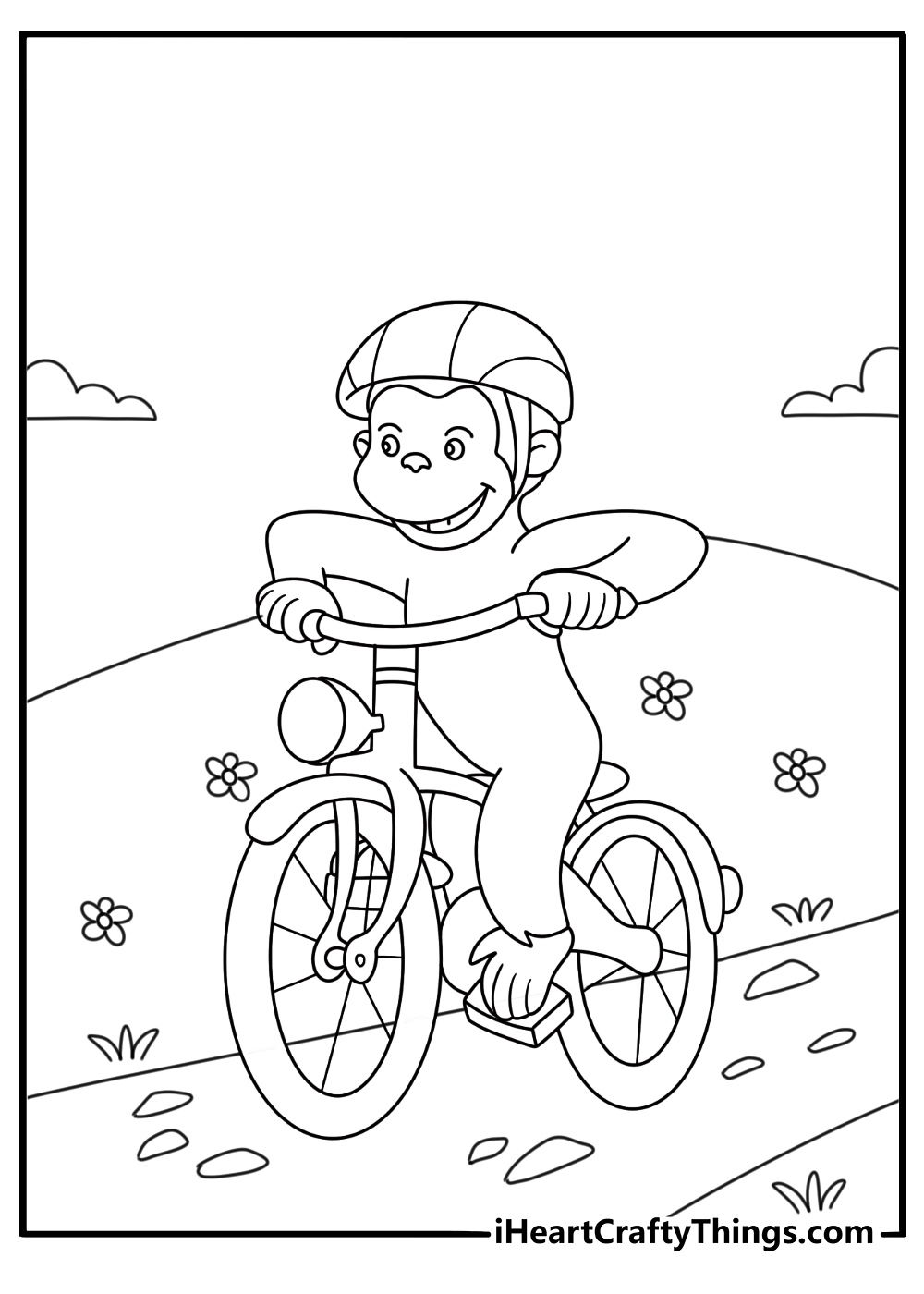 Curious George coloring page with George riding a bicycle down a park path