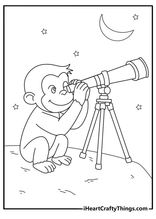 Curious George coloring pages for kids with George looking through a telescope at night